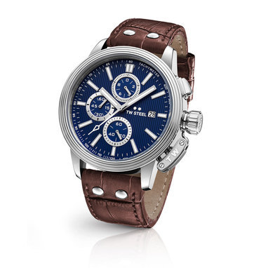 TW Steel CE7009 45mm steel case chrono date blue dial medium brown leather strap horloge