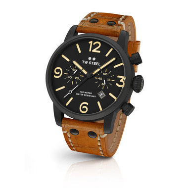 TW Steel MS34 48mm PVD bl coated case chrono date black dial sienna vintage leather strap horloge