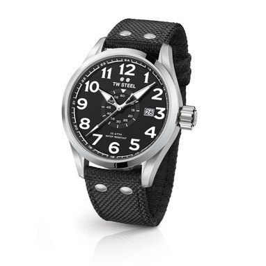 TW Steel VS1 45mm steel case 3 hands date black dial black textile strap horloge