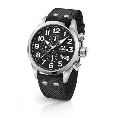 TW Steel VS3 45mm steel case chrono date black dial black textile strap horloge