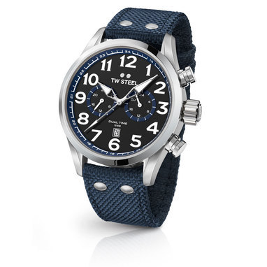 TW Steel VS38 48mm steel case dual time date black dial blue details dark blue textile strap horloge