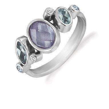 Rabinovich 67303055 zilveren ring met grijze kwarts en blauw topaas