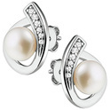 House Collection Ear Studs Pearl And Zirconia Silver Rhodium Plated Shiny 16 mm x 12 mm