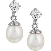 House Collection Earrings Pearl And Zirconia Silver Rhodium Plated Shiny 20 mm x 7 mm