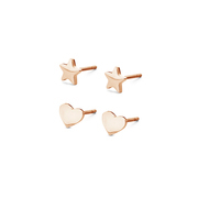CO88 Collection Sense 8CE 70014 Steel Ear Studs - Set of 2 Pairs - Star and Heart 6 mm - Rose colored