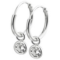 TFT Hoop Earrings With Pendant Zirconia Silver Rhodium Plated Shiny 1.3 mm x 12 mm