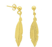 TFT Eardrops Feather 1 Micron Yellow Gold On Silver Shiny 38 mm x 7.5 mm