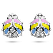 Stud earrings Ladybug silver-enamel-zirconia pink-yellow-blue-white 6 x 6.5 mm